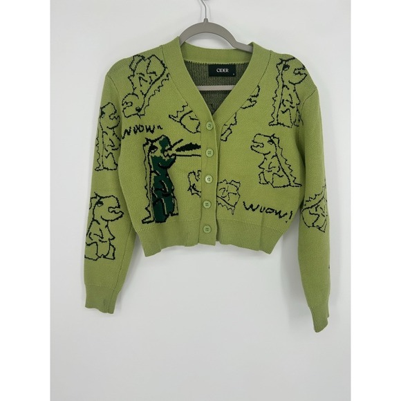 Cider Sweaters - Cider Green Dinosaur Graphic Knit Cardigan Size S Eclectic Grandpa Kitsch Indie